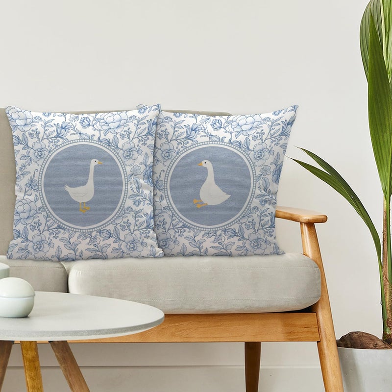 Nvotell Blue and White Chinoiserie Goose Pillow Covers 18x18, Goose Nursery Decor, Grandmillennial Floral Geese Decorative Throw Pillow Case Covers for Baby Little Girls Room Bedroom, Set of 2 - Image 3