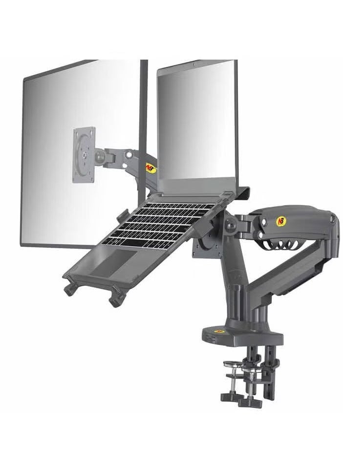 NB - Gas Spring Dual Arm for 17"-27" Monitor Holder + 10"-17" Laptop Support Air Press Mount Stand - Adjustable Desk Mount with Full Motion Tilt, Swivel, Rotation & Height Adjustment - Ergonomic Workspace Solution, VESA Compatible - Image 1