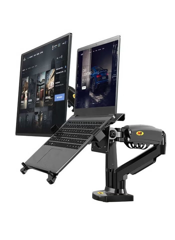 NB - Gas Spring Dual Arm for 17"-27" Monitor Holder + 10"-17" Laptop Support Air Press Mount Stand - Adjustable Desk Mount with Full Motion Tilt, Swivel, Rotation & Height Adjustment - Ergonomic Workspace Solution, VESA Compatible - Image 1