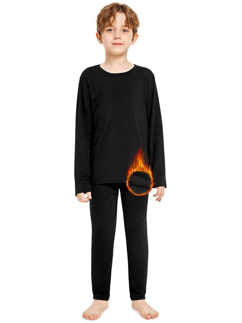 Resinta Kids Boys Thermal Underwear Set - Fleece Lined Base Layers Top & Bottom Toddler Long Johns for Cold Winter Black - Image 1