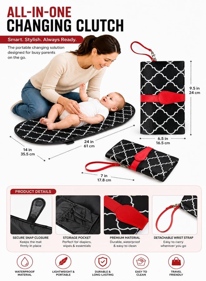 BABIES BLOOM Diaper Clutch Bag with Changing Matt, Waterproof Portable Baby Diaper Changing Station (Mommy Clutch Bag) (Black/Red) - Image 2