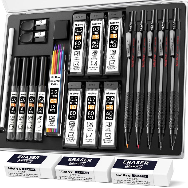 Nicpro 22PCS Art Mechanical Pencil Set Black Artist Metal Drafting Pencil 05 07 09 mm 2PCS 2mm Graphite Lead Holder4B 2B HB 2H for Drawing Writing Sketching With Lead Refills Erasers Case - Image 2