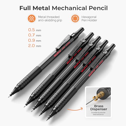 Nicpro 22PCS Art Mechanical Pencil Set Black Artist Metal Drafting Pencil 05 07 09 mm 2PCS 2mm Graphite Lead Holder4B 2B HB 2H for Drawing Writing Sketching With Lead Refills Erasers Case - Image 3