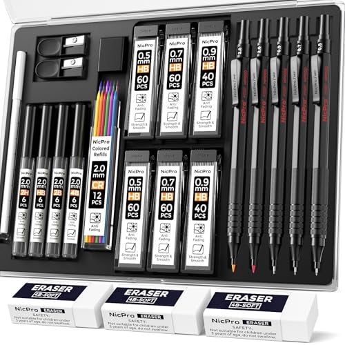 Nicpro 22PCS Art Mechanical Pencil Set Black Artist Metal Drafting Pencil 05 07 09 mm 2PCS 2mm Graphite Lead Holder4B 2B HB 2H for Drawing Writing Sketching With Lead Refills Erasers Case - Image 1