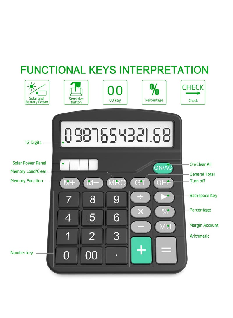 2 Pack Standard Function Calculator, Solar & Battery Power 12 Digit Display Big Button Desktop Calculators, Suitable for Home and Office (Black) - Image 2