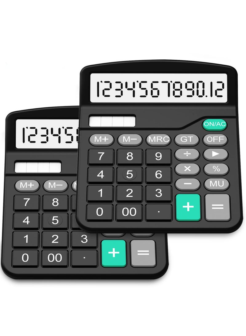 2 Pack Standard Function Calculator, Solar & Battery Power 12 Digit Display Big Button Desktop Calculators, Suitable for Home and Office (Black) - Image 1