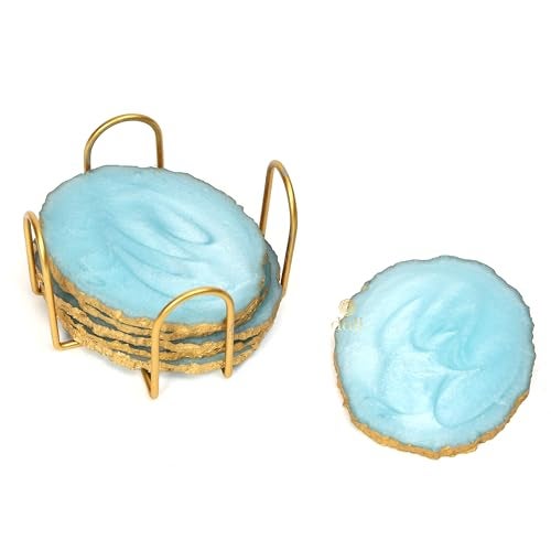 DULI Resin Coasters Set of 6 with Stand - Bar Wine Coasters for Table - Set of 6 Classy Yet Stylist Handmade Marble Stone Coaster Set with Holder (ResinCoasterW/G-Stand: Aqua) - Image 5