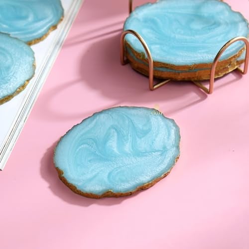 DULI Resin Coasters Set of 6 with Stand - Bar Wine Coasters for Table - Set of 6 Classy Yet Stylist Handmade Marble Stone Coaster Set with Holder (ResinCoasterW/G-Stand: Aqua) - Image 2