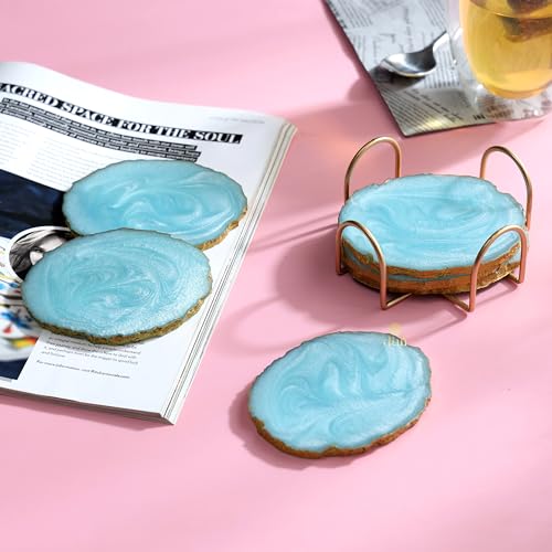 DULI Resin Coasters Set of 6 with Stand - Bar Wine Coasters for Table - Set of 6 Classy Yet Stylist Handmade Marble Stone Coaster Set with Holder (ResinCoasterW/G-Stand: Aqua) - Image 1