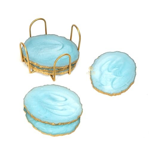 DULI Resin Coasters Set of 6 with Stand - Bar Wine Coasters for Table - Set of 6 Classy Yet Stylist Handmade Marble Stone Coaster Set with Holder (ResinCoasterW/G-Stand: Aqua) - Image 4
