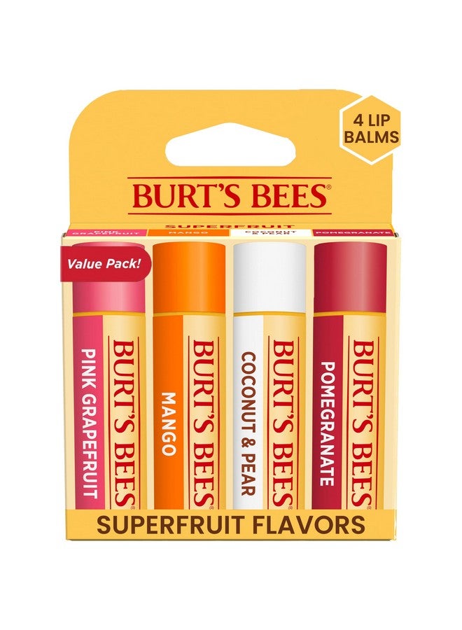 بيرتس بيز مرطب شفاه من بيرتس بيز، هدايا عيد الميلاد للعناية بالشفاه، فاكهة رائعة - رمان، جوز الهند، والكمثرى، والمانجو، والجريب فروت الوردي، علاج طبيعي (عبوة من 4 قطع) - Image 1
