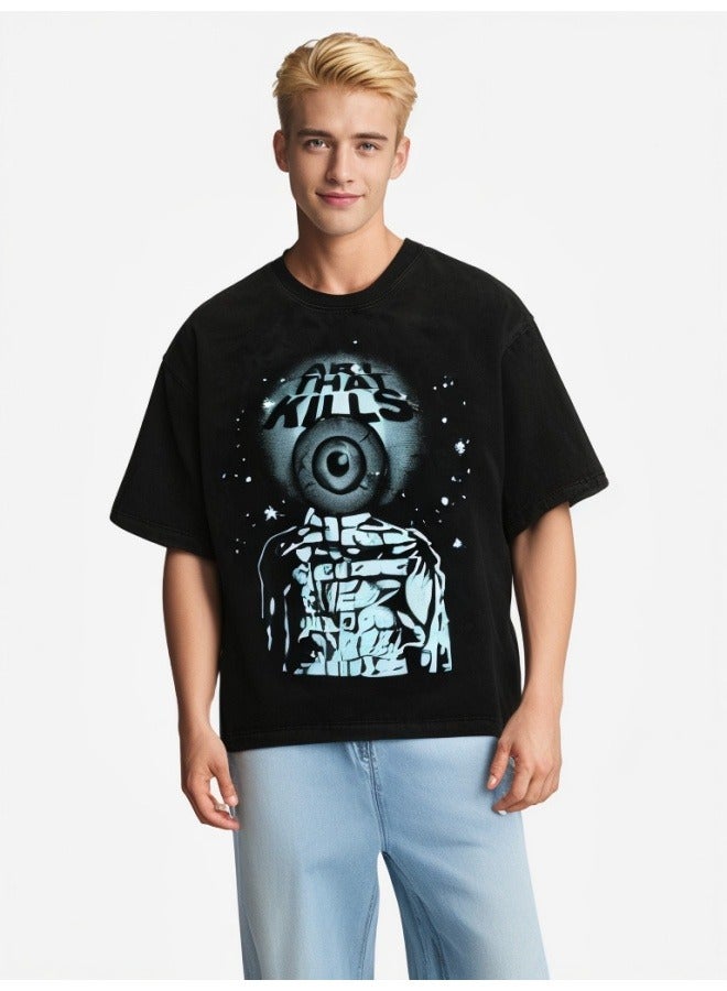 NIBEMINENT Vintage Washed Graphic T-Shirt for Men - Retro Distressed American Streetwear Summer Casual Tee, Couple Matching Short Sleeve Shirts - Image 2