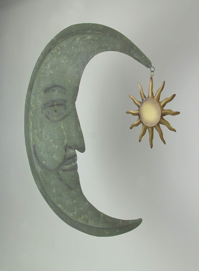 Zeckos Verdigris Green Crescent Moon Wall Décor with Bronze Sun Dangler Accent - 25 Inches High - Enchanting Celestial Harmony - Indoor/Outdoor Metal Art Sculpture - Image 2