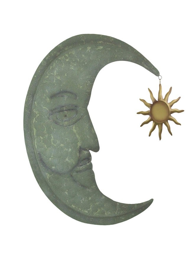 Zeckos Verdigris Green Crescent Moon Wall Décor with Bronze Sun Dangler Accent - 25 Inches High - Enchanting Celestial Harmony - Indoor/Outdoor Metal Art Sculpture - Image 1