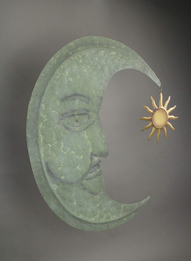 Zeckos Verdigris Green Crescent Moon Wall Décor with Bronze Sun Dangler Accent - 25 Inches High - Enchanting Celestial Harmony - Indoor/Outdoor Metal Art Sculpture - Image 3