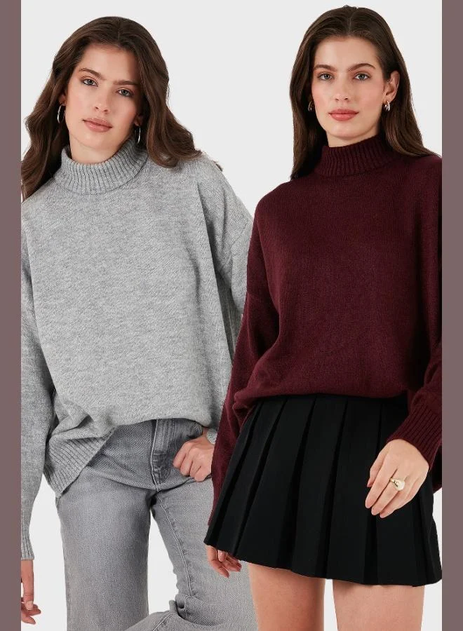 ليلا ليلا سويتر نسائي قطعتين بياقة عالية وقصة واسعة ناعم