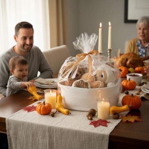 Kodomoore Small Woven Gift Basket Empty with Bag & Ribbon - Gifts for Mom, Baby Shower, Birthdays & Raffle - Cotton Rope Storage Basket for Dog Toys or Shelf - 13.4"x10"x5.5", Large, White - Image 3