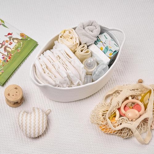 Kodomoore Small Woven Gift Basket Empty with Bag & Ribbon - Gifts for Mom, Baby Shower, Birthdays & Raffle - Cotton Rope Storage Basket for Dog Toys or Shelf - 13.4"x10"x5.5", Large, White - Image 5