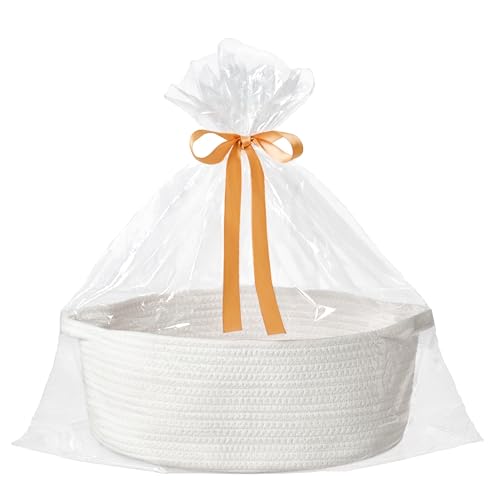 Kodomoore Small Woven Gift Basket Empty with Bag & Ribbon - Gifts for Mom, Baby Shower, Birthdays & Raffle - Cotton Rope Storage Basket for Dog Toys or Shelf - 13.4"x10"x5.5", Large, White - Image 1