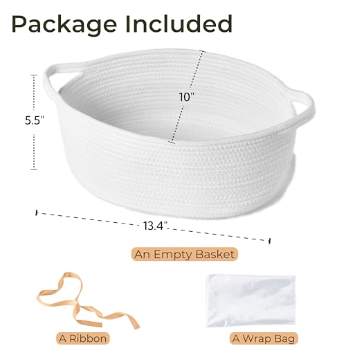 Kodomoore Small Woven Gift Basket Empty with Bag & Ribbon - Gifts for Mom, Baby Shower, Birthdays & Raffle - Cotton Rope Storage Basket for Dog Toys or Shelf - 13.4"x10"x5.5", Large, White - Image 2