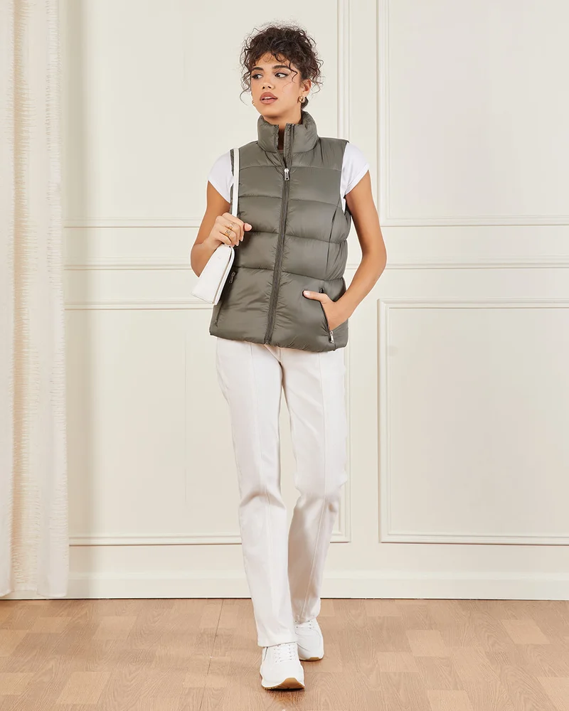 Redtag Women Olive Sleeveless Puffer Jacket