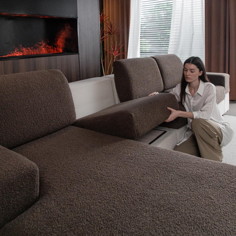 OHSIO Couch Cushion Covers for Sectional Sofa, Stretch Soft Sofa Slipcovers Washable Wear-Resistant Universal Furniture Protector for Living Room(3 Seaters Covers+1 Chaise Cover, Brown) - Image 1