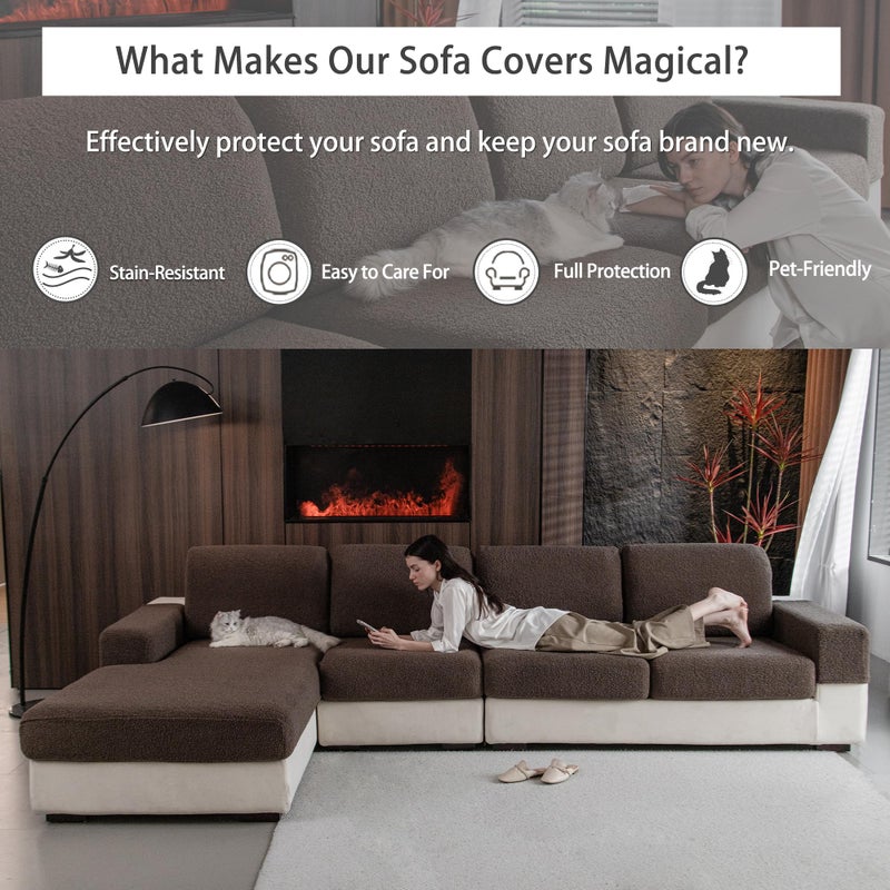 OHSIO Couch Cushion Covers for Sectional Sofa, Stretch Soft Sofa Slipcovers Washable Wear-Resistant Universal Furniture Protector for Living Room(3 Seaters Covers+1 Chaise Cover, Brown) - Image 5