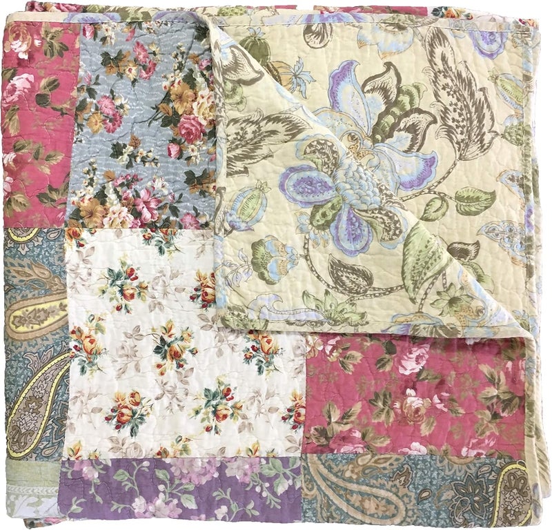 Greenland Home Blooming Prairie Quilted Patchwork Throw - Multicolor Cotton Blanket - Image 3