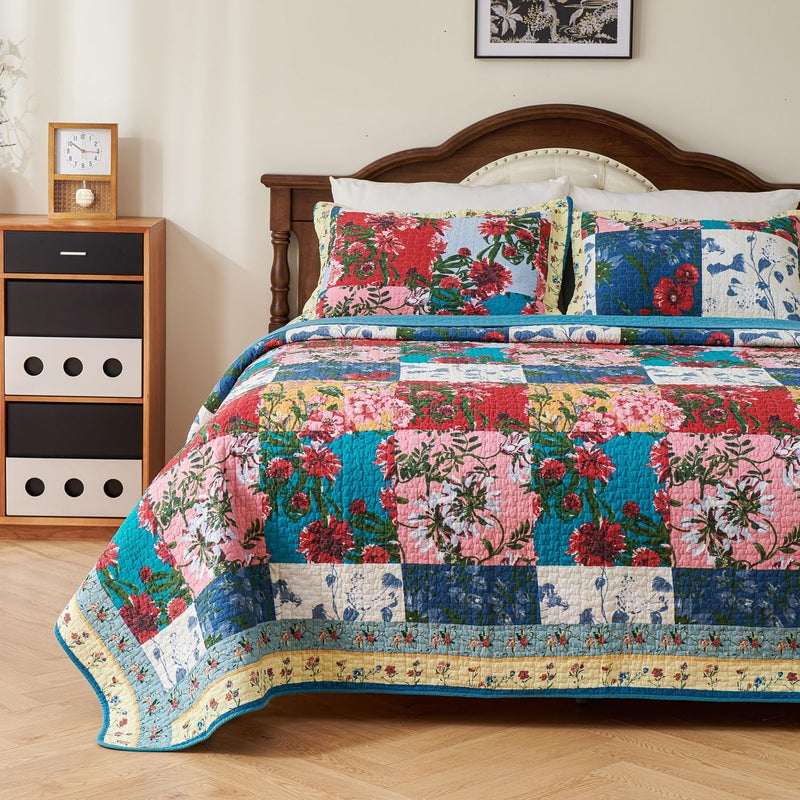 EVENHUG 100% Cotton Patchwork Quilt Queen Size Set Lightweight Floral Queen Quilts Bedding Set Bedspread Coverlet Reversible Bed Cover with Pillow Shams for All Seasons 3 Pieces (92"X96") - Image 5