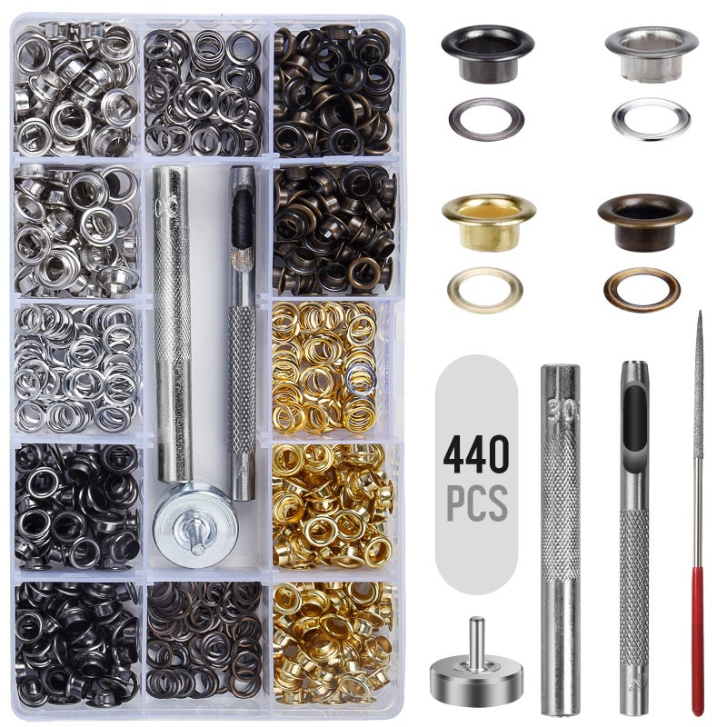 Preciva 3/16 Inch Grommet Tool Kit, Preciva 440Pcs Grommets Eyelets Sets & Extra Grinding Rod, Eyelet Tool for Leather Craft, Belts, Bags, Shoes (4 Colors Eyelet Punch Kit) - Image 1