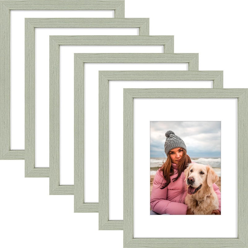 AUEAR 9x12 Picture Frames Set of 6  with Mat for 6x8 or 9x12 Without Mat  Composite Wood Gallery Photo Frames with Plexiglass  Wall Mounting (Light Grey) - Image 1