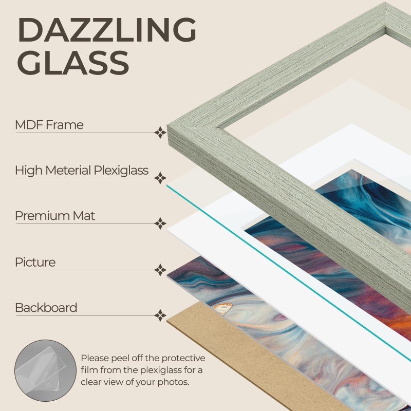 AUEAR 9x12 Picture Frames Set of 6  with Mat for 6x8 or 9x12 Without Mat  Composite Wood Gallery Photo Frames with Plexiglass  Wall Mounting (Light Grey) - Image 3