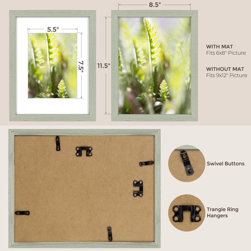 AUEAR 9x12 Picture Frames Set of 6  with Mat for 6x8 or 9x12 Without Mat  Composite Wood Gallery Photo Frames with Plexiglass  Wall Mounting (Light Grey) - Image 2