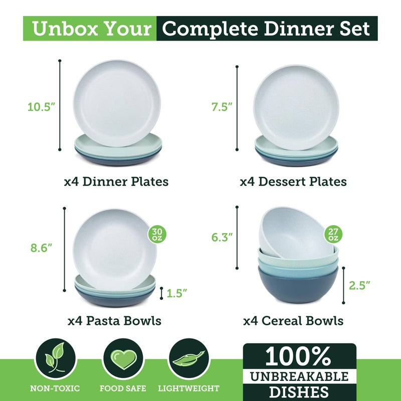 Grow Forward 16-piece Premium Wheat Straw Dinnerware Sets for 4 - Unbreakable Dishwasher & Microwave Safe Plastic Plates and Bowls Sets - Patio, Outdoors, RV, Camping Dishes - Seascape - Image 3