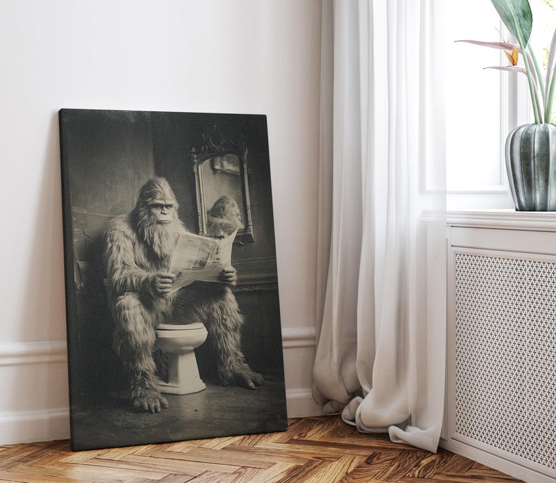 TNESSENTIAL Funny Bigfoot Bathroom Wall Art Poster or Canvas Print, Sasquatch on Toilet Reading Newspaper, Retro Cabin or Lake House Decor, Hunting Gift - Image 5
