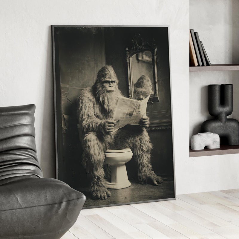 TNESSENTIAL Funny Bigfoot Bathroom Wall Art Poster or Canvas Print, Sasquatch on Toilet Reading Newspaper, Retro Cabin or Lake House Decor, Hunting Gift - Image 3