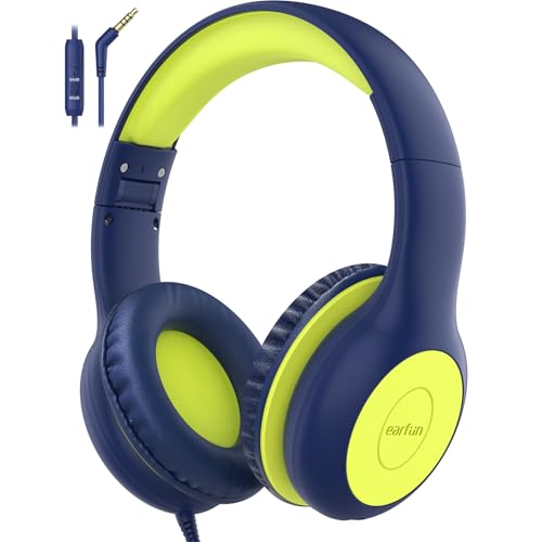EarFun Kids Headphones with Mic for Boys and Girls, Over Ear HD Stereo Headphone for Children, 85/94dB Volume Limiter, Sharing Port, Foldable On Ear Headsets with Mic (Blue & Lemon) - Image 1
