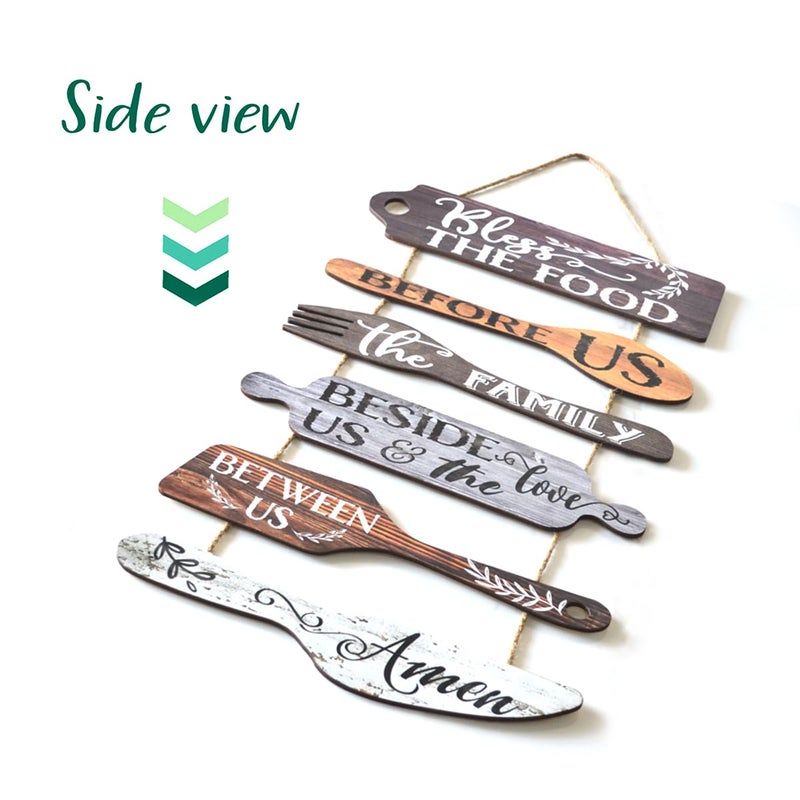 EXQUIDECA Bless the Food Before Us Farmhouse Kitchen Wall Decor - Dining Room Decorations Collage Wall Art in Neutral Grey Color - Wooden Rustic 6pcs Roped Sign 25x14 Inches Vertical - Image 4