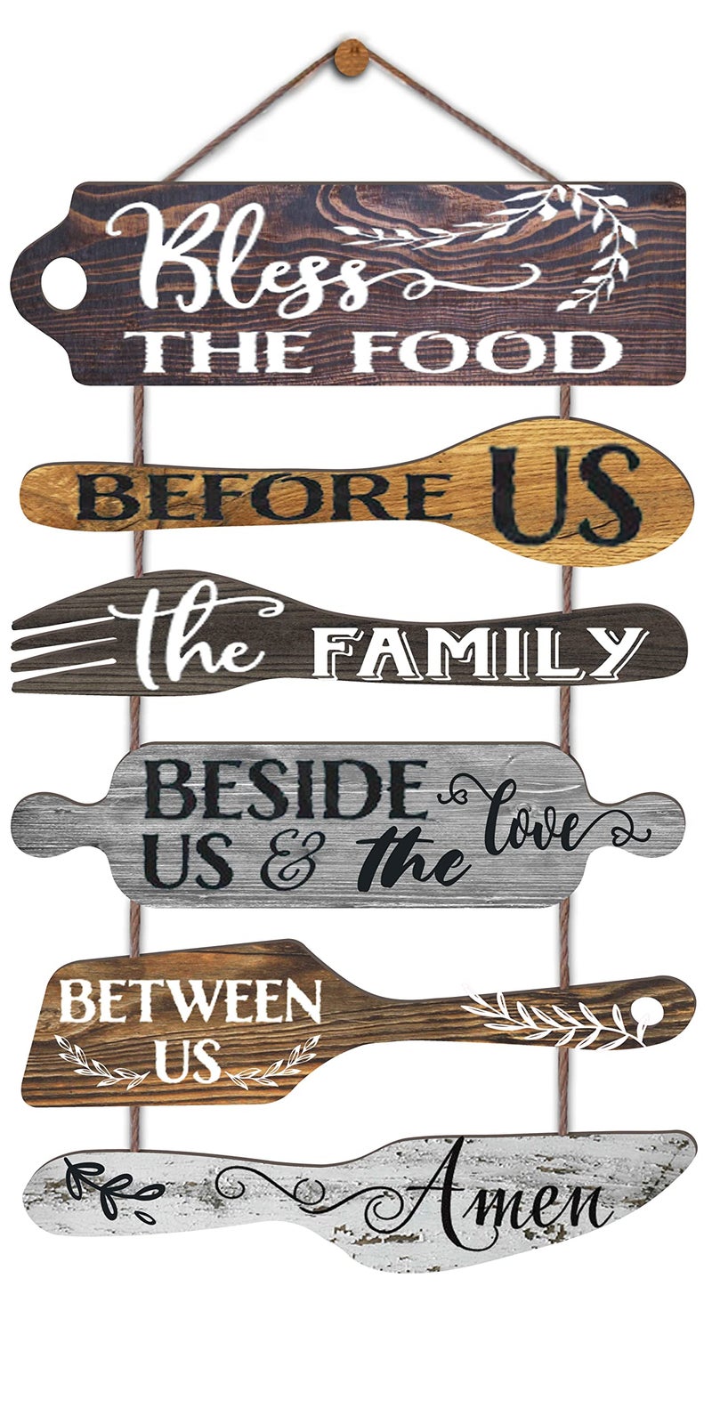 EXQUIDECA Bless the Food Before Us Farmhouse Kitchen Wall Decor - Dining Room Decorations Collage Wall Art in Neutral Grey Color - Wooden Rustic 6pcs Roped Sign 25x14 Inches Vertical - Image 1