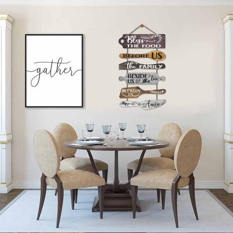 EXQUIDECA Bless the Food Before Us Farmhouse Kitchen Wall Decor - Dining Room Decorations Collage Wall Art in Neutral Grey Color - Wooden Rustic 6pcs Roped Sign 25x14 Inches Vertical - Image 3
