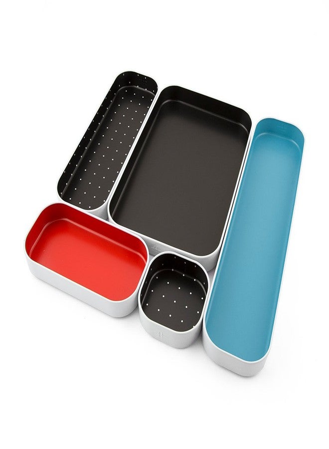 Three by Three Seattle 5 Piece Metal Organizer Tray Set for Storing Makeup, Stationery, Utensils, and More in Office Desk, Kitchen and Bathroom Drawers (1 Inch, Blue Black Red and Dots) - Image 1