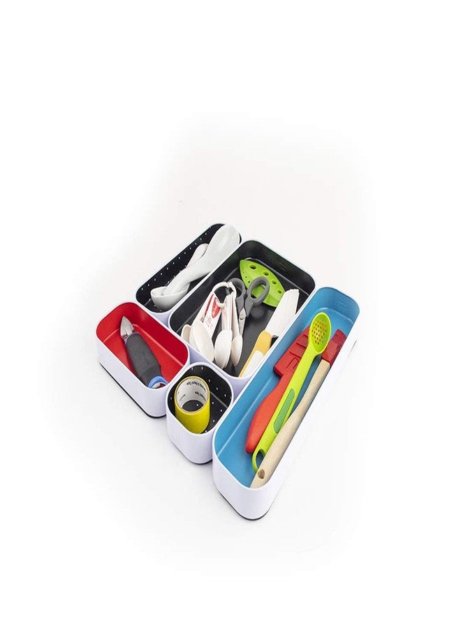 Three by Three Seattle 5 Piece Metal Organizer Tray Set for Storing Makeup, Stationery, Utensils, and More in Office Desk, Kitchen and Bathroom Drawers (1 Inch, Blue Black Red and Dots) - Image 2