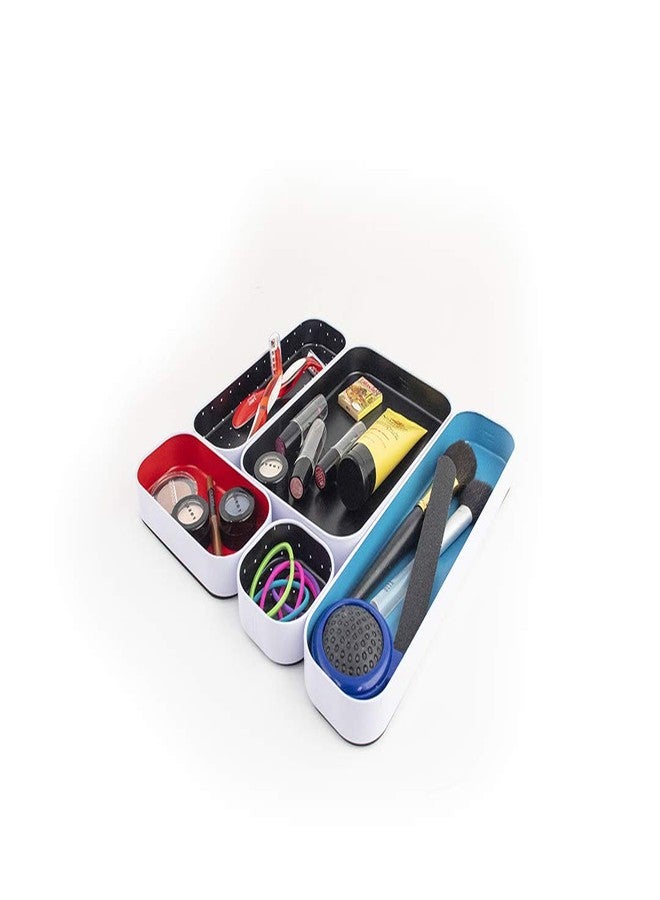Three by Three Seattle 5 Piece Metal Organizer Tray Set for Storing Makeup, Stationery, Utensils, and More in Office Desk, Kitchen and Bathroom Drawers (1 Inch, Blue Black Red and Dots) - Image 3