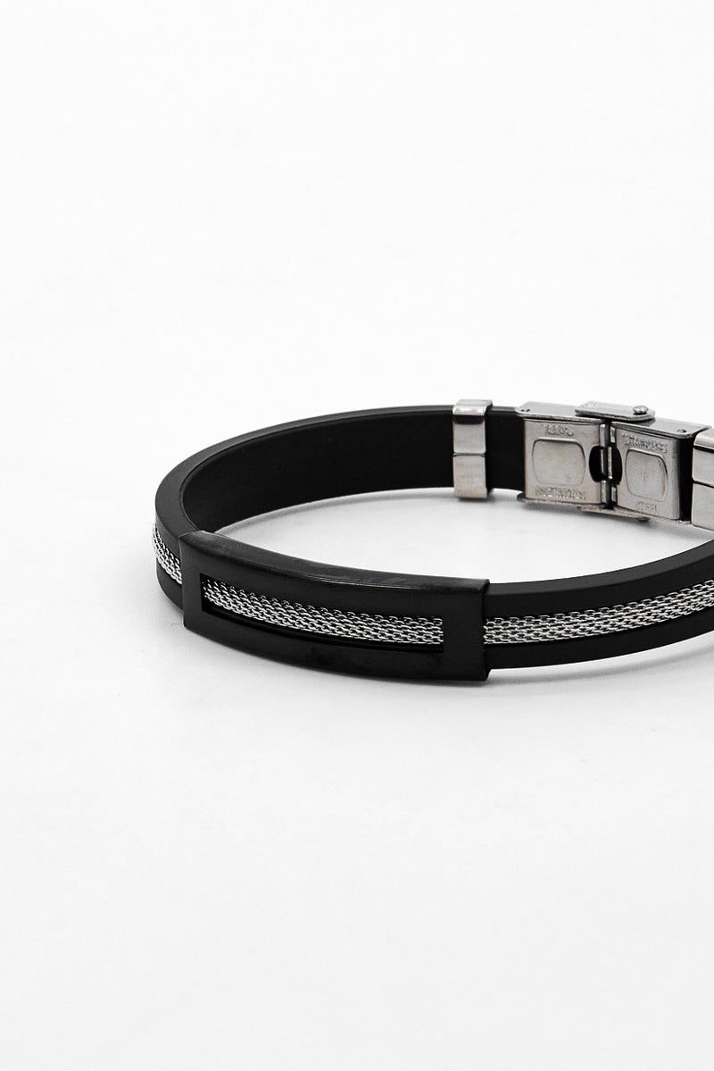 Steeltime Men Black Rubber Mesh Inlay Bracelet, Black - Image 3