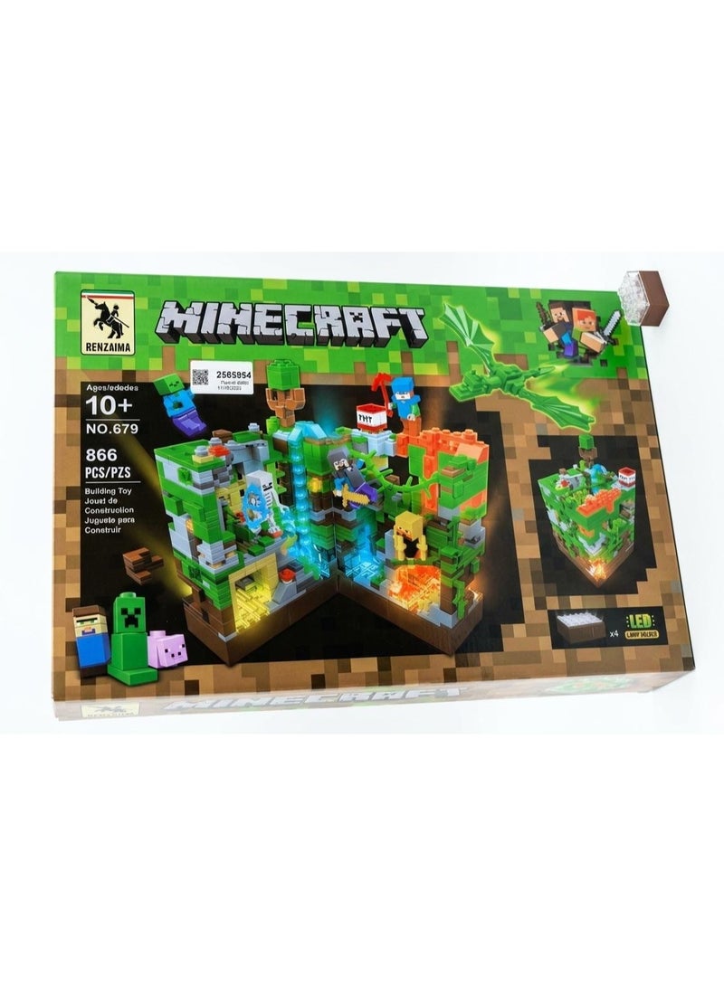 Renzaima Minecraft Jungle Adventure Building Blocks Set with LED Light Effects (866 Pieces) - Model No. 679 - Image 1