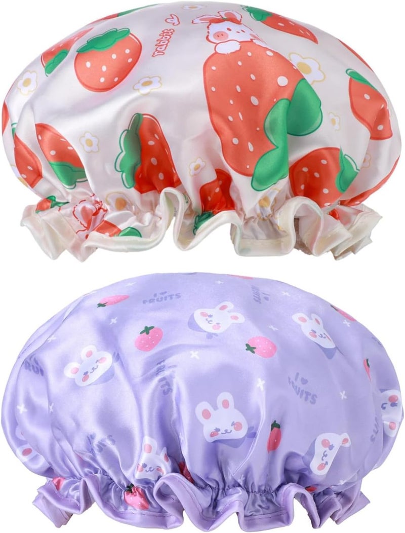 2 PCS Kids Shower Caps Waterproof Double Layers Shower Caps Cute Rabbit Bonnets Elastic Band Bonnet Satin and Eva Soft Toddler Sleeping Cap Reusable Shower Cap for KidsPurple Yellow