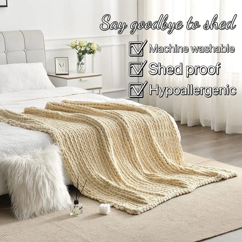 Maetoow Tighter Version Chenille Chunky Knit Blanket Throw （40×50 Inch）, Handmade Warm & Cozy Blanket Couch, Bed, Home Decor, Soft Fleece Banket, Boho Thick Blankets and Giant Yarn Throws，Beige - Image 4