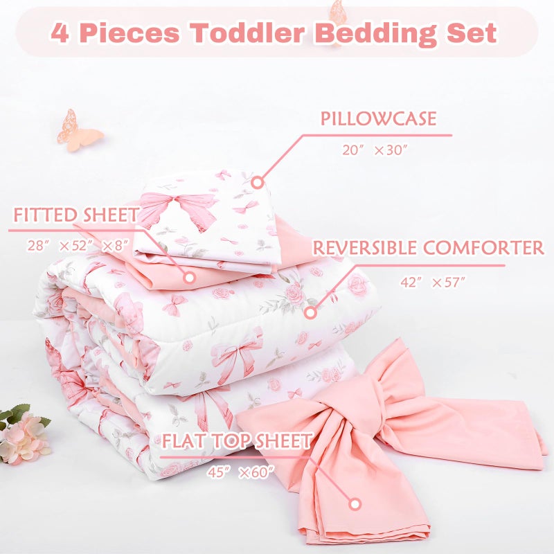 Jundetye Toddler Bedding Set for Girls 4 Pieces Pink Rose, Soft Breathable Toddler Comforter Set, Bow Flower Print, Includes Reversible Comforter, Fitted Sheet and Flat Sheet, Pillowcase - Image 5