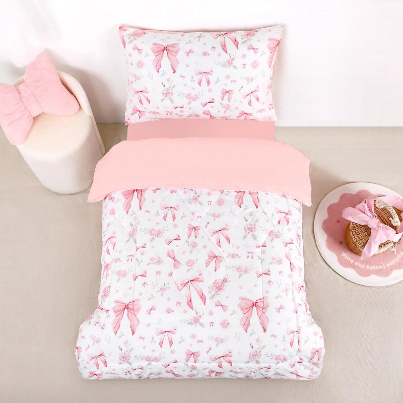 Jundetye Toddler Bedding Set for Girls 4 Pieces Pink Rose, Soft Breathable Toddler Comforter Set, Bow Flower Print, Includes Reversible Comforter, Fitted Sheet and Flat Sheet, Pillowcase - Image 1