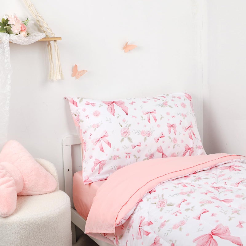 Jundetye Toddler Bedding Set for Girls 4 Pieces Pink Rose, Soft Breathable Toddler Comforter Set, Bow Flower Print, Includes Reversible Comforter, Fitted Sheet and Flat Sheet, Pillowcase - Image 4